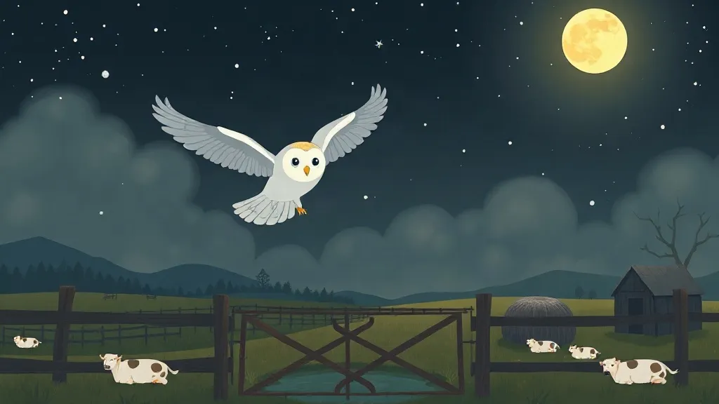 A white barn owl flying over a moonlit farm with a wooden gate, a haystack, a barn and cows lying in the field