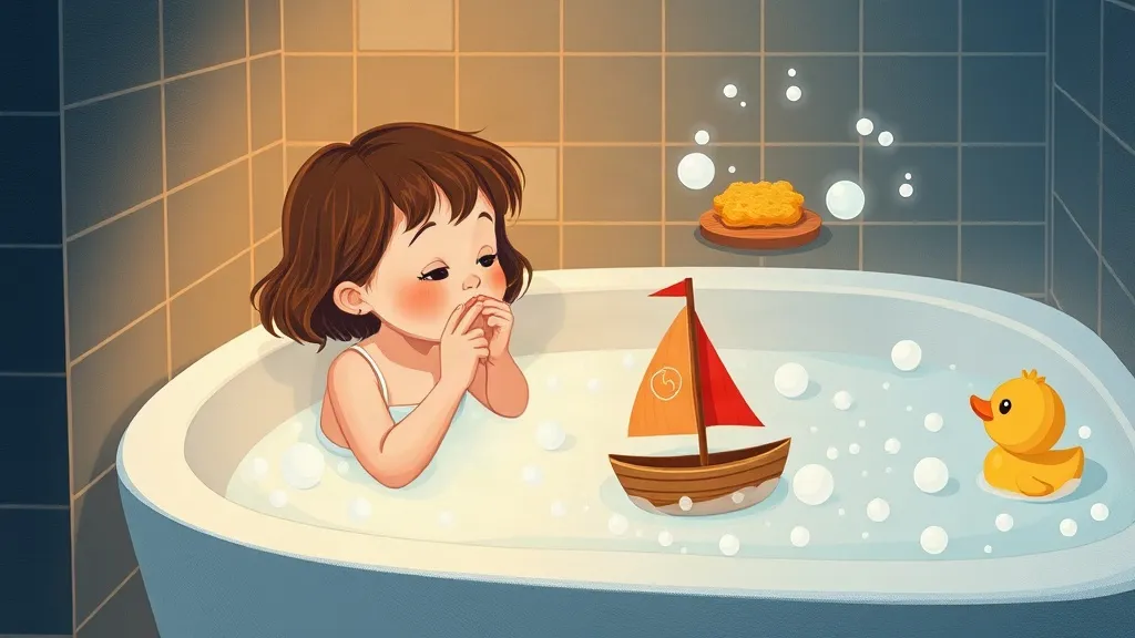 A little girl in a bubble bath with a toy sailboat with a red sail and a rubber duck
