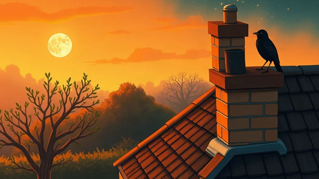 A blackbird on a chimney at sunset, with the moon rising over the trees