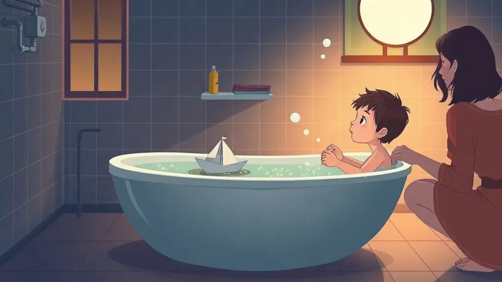 A boy in the bath watching a paper boat float, with his mom kneeling beside him