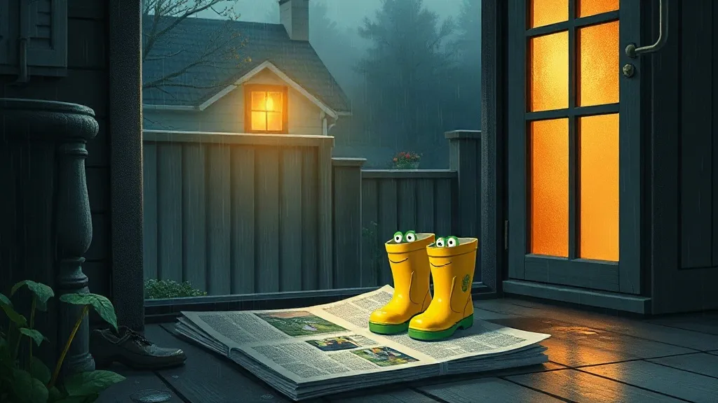 A pair of yellow boots with frog faces drying on newspaper by the back door on a rainy evening