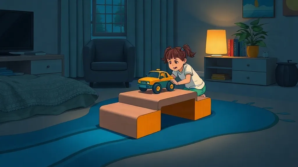 A girl with pigtails pushing a toy car across a bridge of blocks on a blue rug