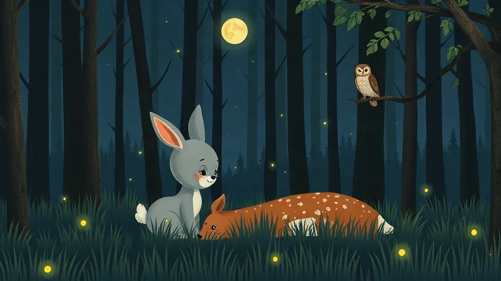 A gray bunny sitting beside a resting fawn in a moonlit wood full of fireflies, an owl on a branch