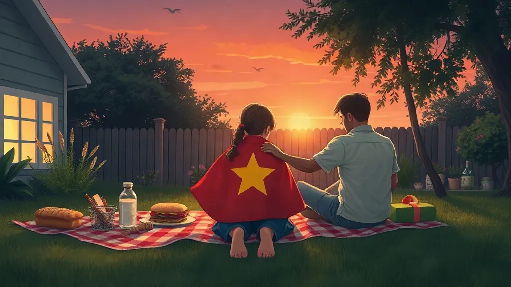 A girl wrapping a red cape with a yellow star around her little brother at a sunset picnic