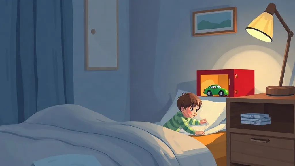 A boy in bed reaching toward a small red cardboard garage with a green toy car inside, on his bedside shelf