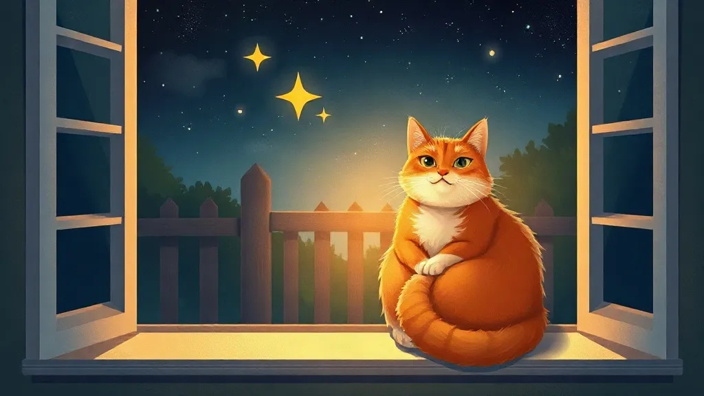 A round orange cat sitting at an open window, looking up at a few bright stars over a garden fence