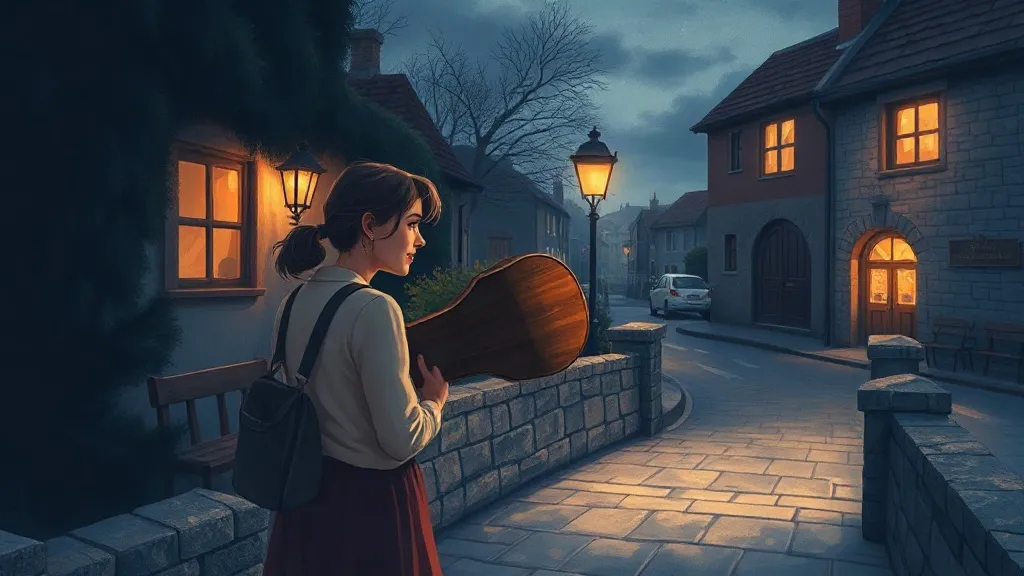 A woman carrying her cello case along a stone wall on a lamplit street at night