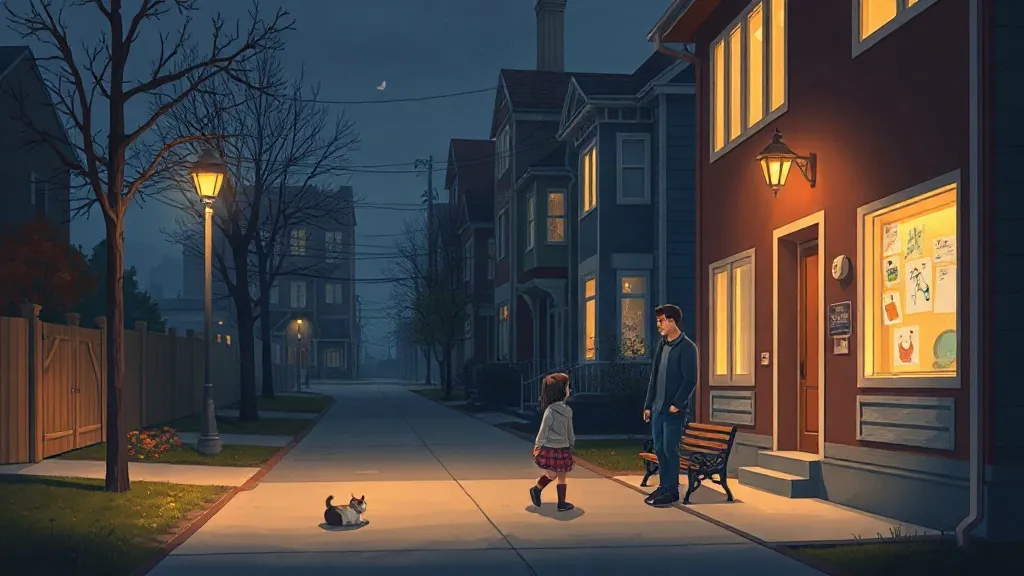 A girl and her dad on a quiet street at night outside a house with children's drawings in its window, with a cat and a bench nearby