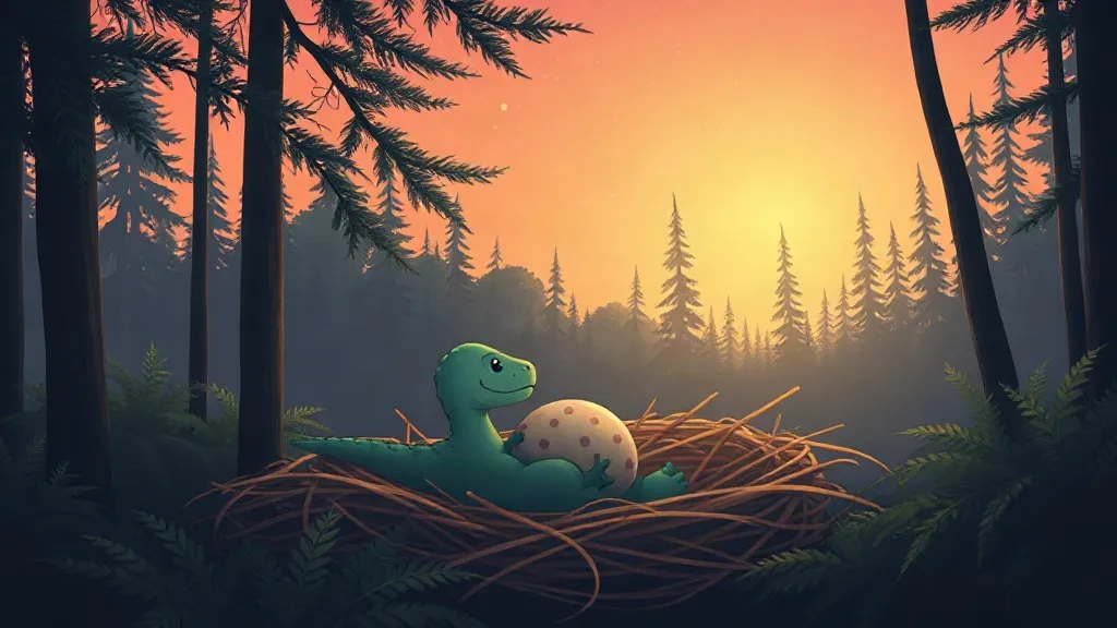 A little green dinosaur curled around a spotted egg in a nest, in a forest at sunrise