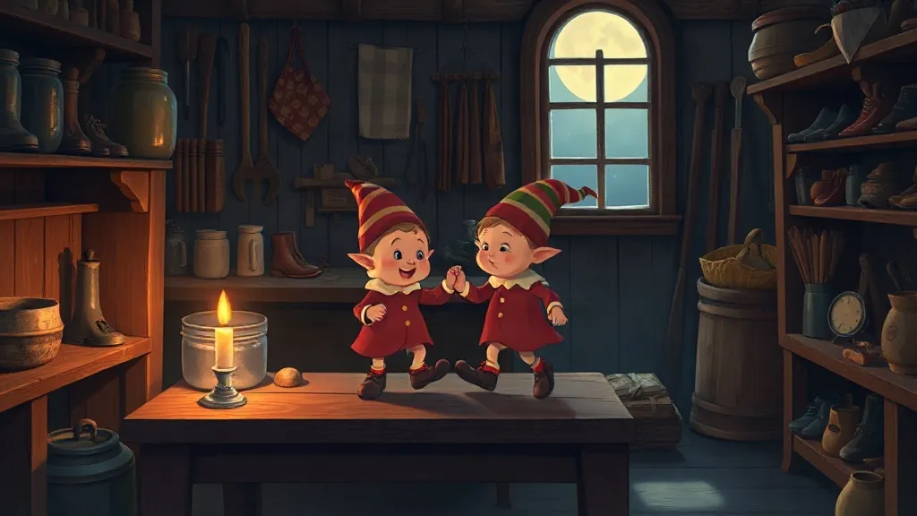 Two tiny elves in red coats and striped hats dancing on a workbench by candlelight in a shoemaker's workshop