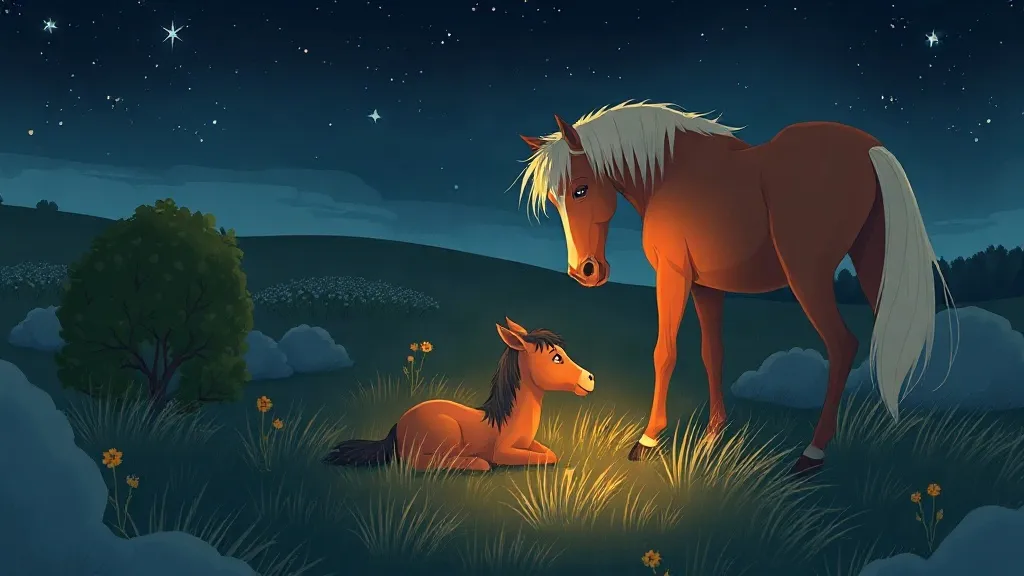 A foal lying in the grass beside her standing mother in a meadow under the stars