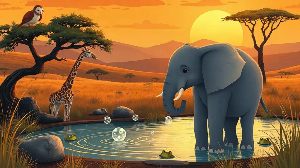 A young elephant blowing bubbles into a waterhole at sunset while a giraffe, frogs and an owl watch