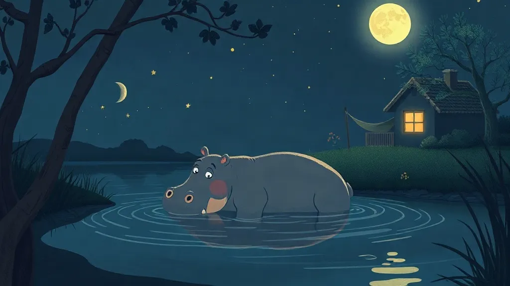 A smiling hippo resting in a moonlit river at the bottom of a garden, with a cottage and a hammock behind him
