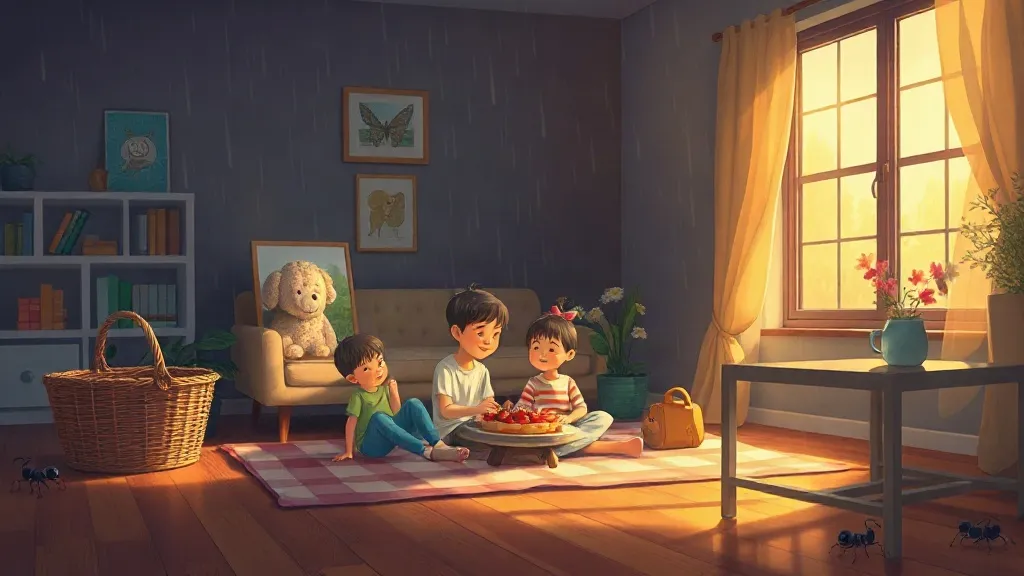 A family having a picnic on a blanket on the living-room floor with a picnic basket