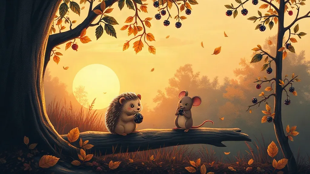 A hedgehog and a mouse sitting side by side on a log at sunset, each holding half a blackberry