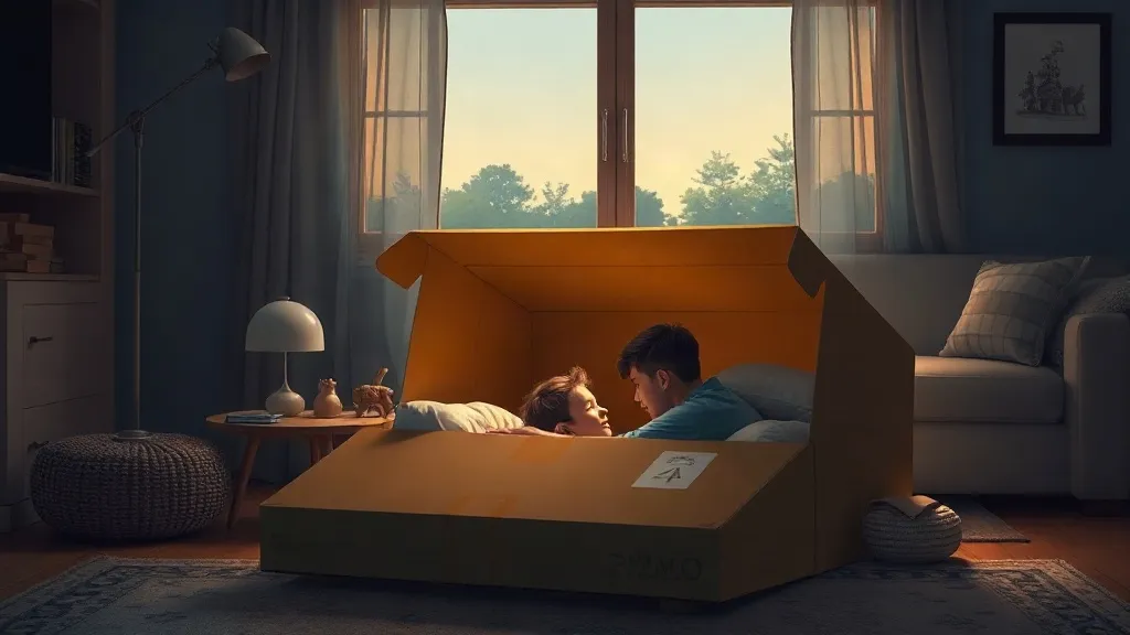 A boy and his dad lying inside a big cardboard box filled with cushions in the living room
