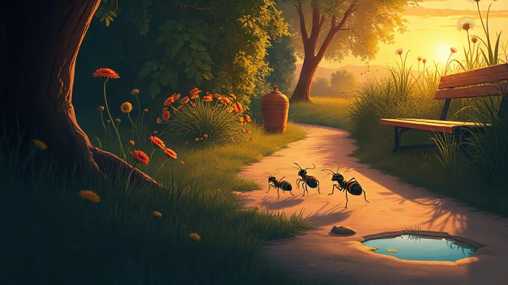 A line of ants crossing a garden path at sunset toward a bench and a small puddle