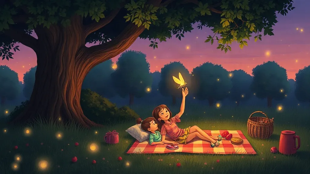 A family lying on a red checked picnic blanket under a big tree as fireflies glow in the dusk