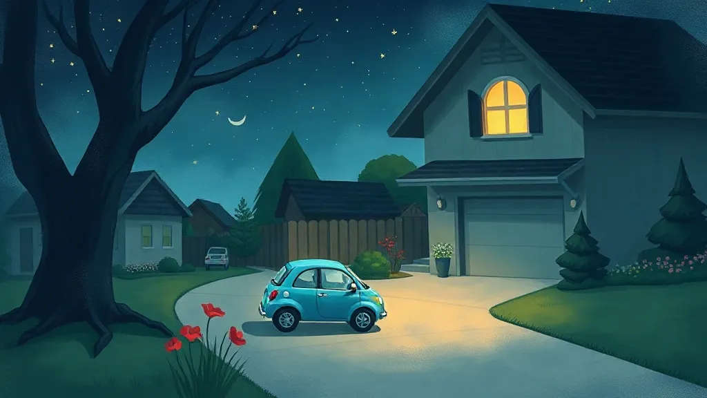 A small blue car parked in a driveway at night, with a lit window in the house behind it