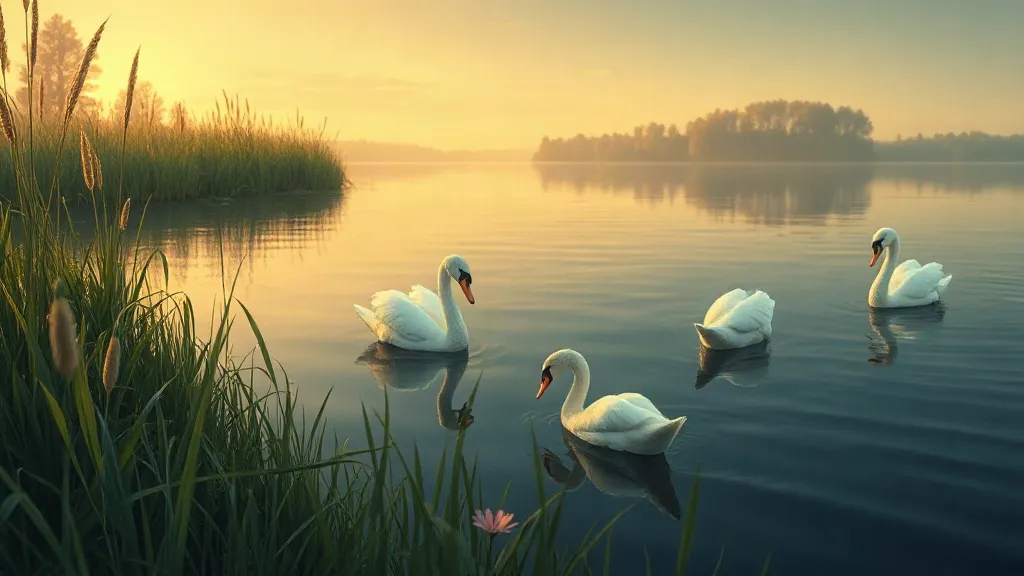 Four white swans gliding on a calm lake among the reeds in golden evening light