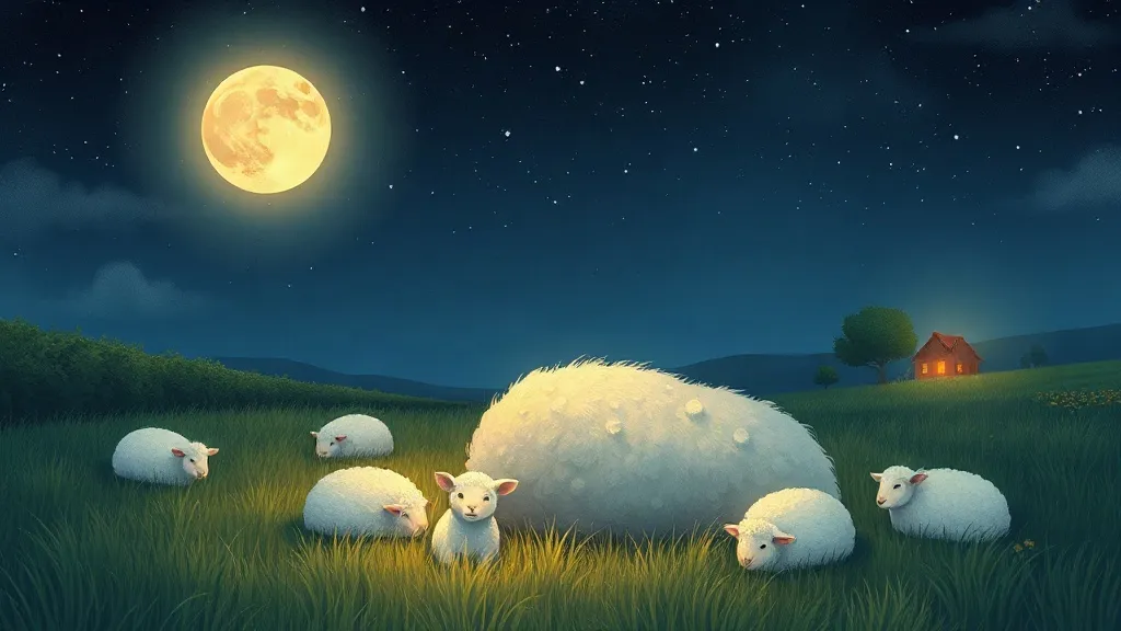 A little lamb in a moonlit field among sleeping sheep, with a farmhouse light in the distance