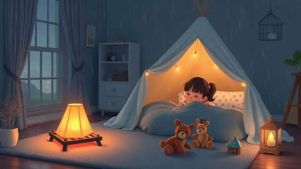 A girl inside a blanket tent in the living room, with teddy bears and a small lantern on the rug