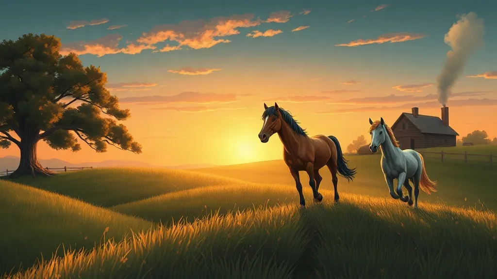 Two horses walking across a hillside at sunset toward a farmhouse with a smoking chimney