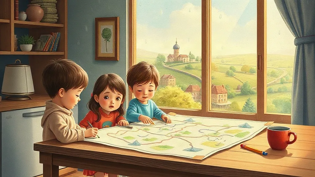 Three children drawing a big map together at a kitchen table