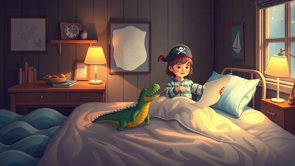 A child in a pirate hat sitting up in bed with a toy crocodile in a lamplit bedroom