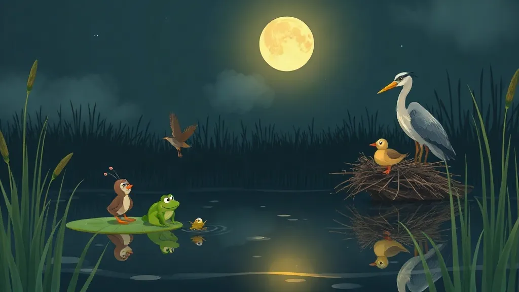 A frog, a bird and a duckling on a lily pad, a heron and a duck on a nest, in a moonlit marsh