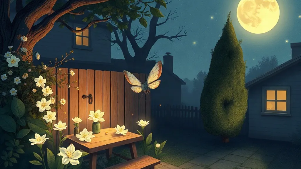 A pale moth flying toward white flowers in a moonlit back garden