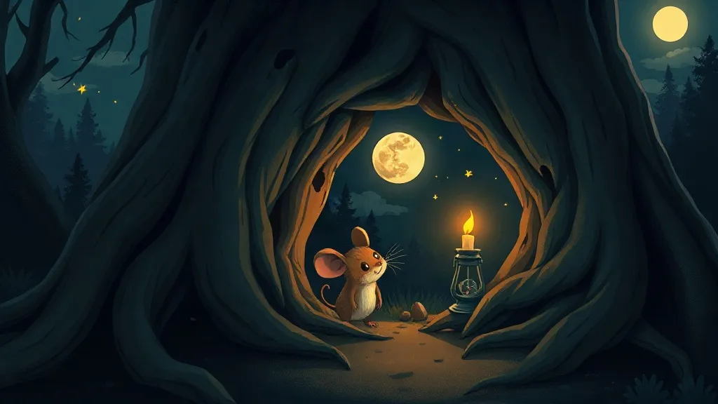 A small mouse in a doorway under tree roots beside a tiny candle lantern, with the moon above