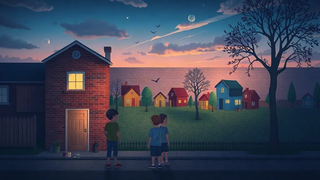 Children standing in front of a big painted mural of houses and trees under an evening sky