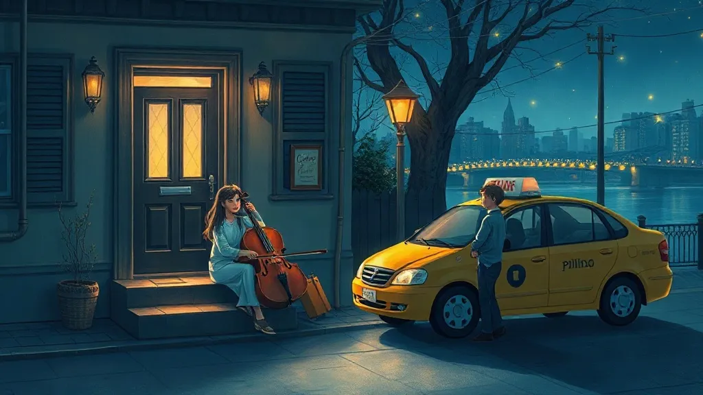A woman playing a cello on her doorstep at night while a taxi driver listens beside his yellow taxi