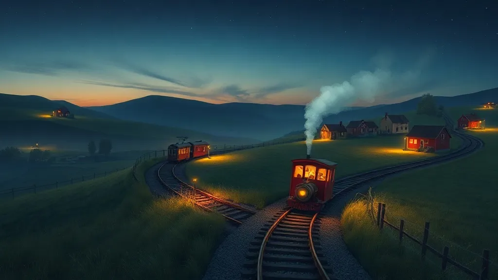 A little red train with glowing windows winding through green hills at dusk