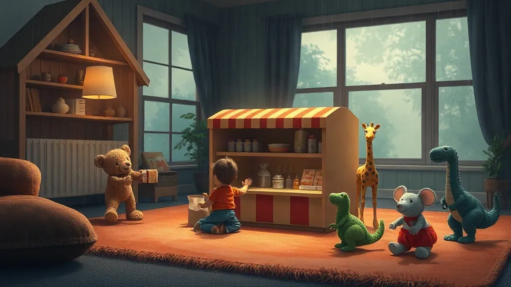 A small child at a toy bakery made from a box on the rug, with a teddy, a giraffe, toy dinosaurs and a toy mouse lined up as customers