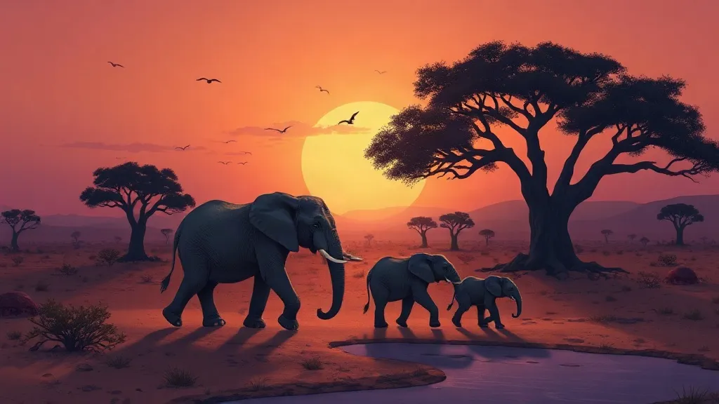 An elephant family walking in a line past a large tree on the savanna at sunset