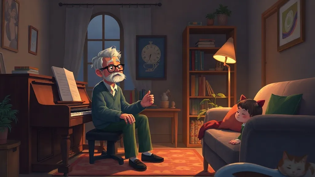 An older piano tuner sitting by a piano in a lamplit living room while a girl listens with her eyes closed on the sofa