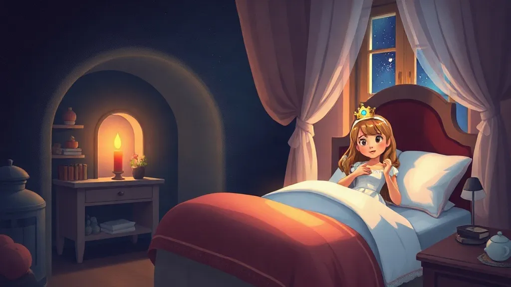 A princess wearing a small crown, sitting up in a canopy bed by candlelight