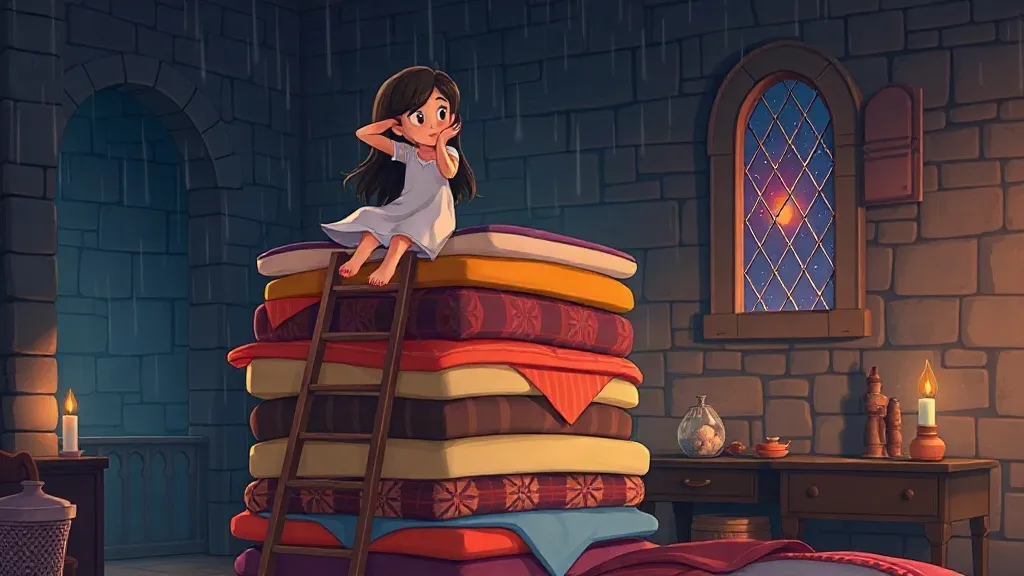 A princess yawning on top of a tall pile of colorful mattresses with a ladder leaning against it, in a castle room on a rainy night