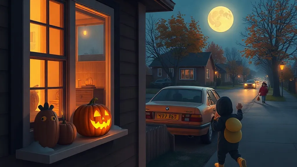 A smiling carved pumpkin glowing on a windowsill as a child in a costume walks past on a moonlit street