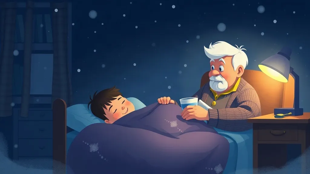 A boy smiling as he falls asleep in bed while his white-haired grandpa sits beside him on a snowy night