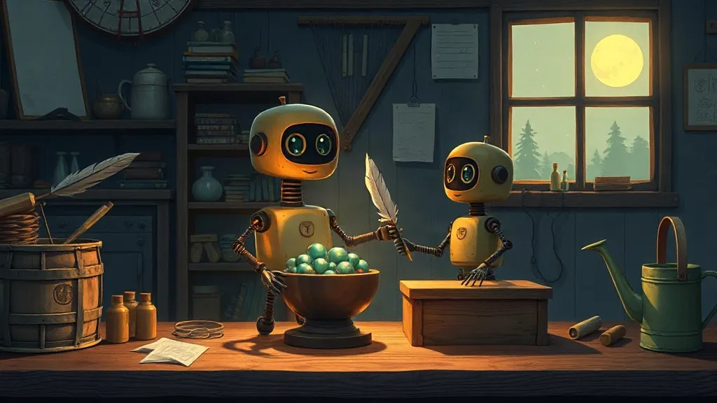Two robots in a workshop, one holding a feather beside a bowl of glass marbles, with the moon in the window