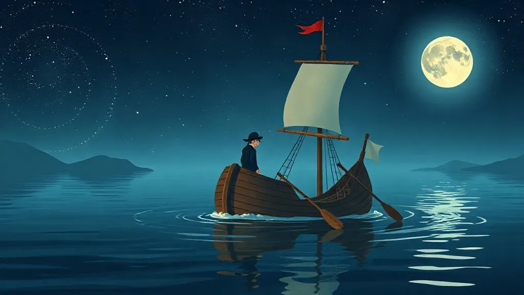 A small wooden sailing ship with one sailor gliding across a calm, moonlit sea