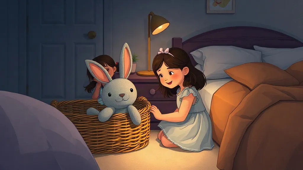 A girl smiling at a soft gray toy rabbit peeking out of a wicker basket by her bed