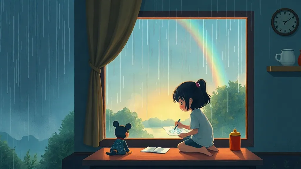 A girl drawing at a rainy window, with a rainbow appearing in the sky outside