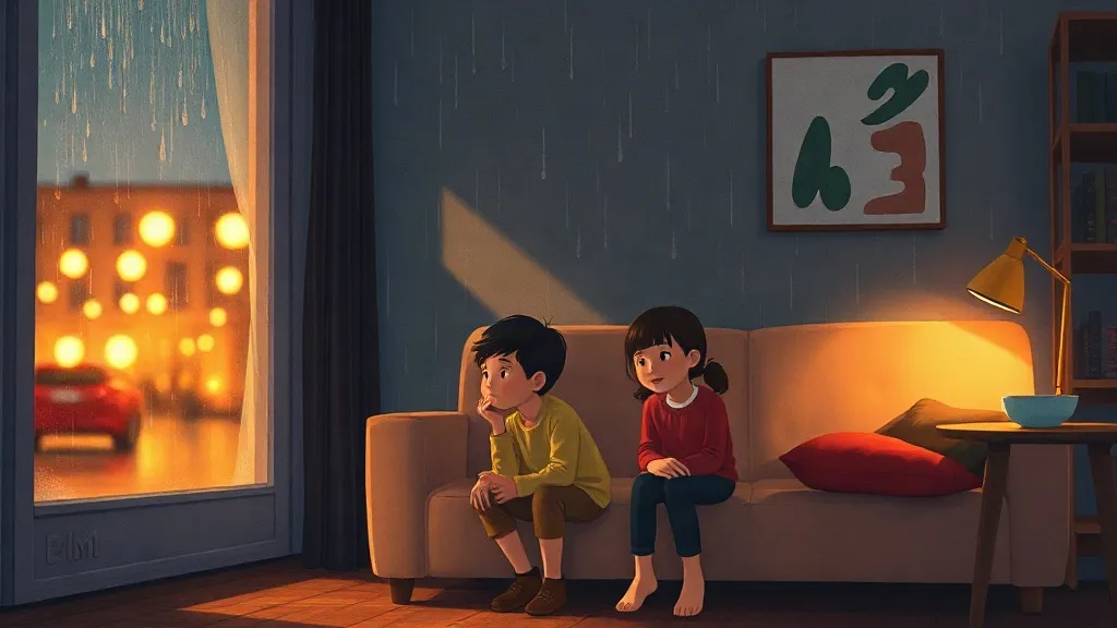 A brother and sister on a sofa looking out at rain and blurry streetlights on an autumn evening