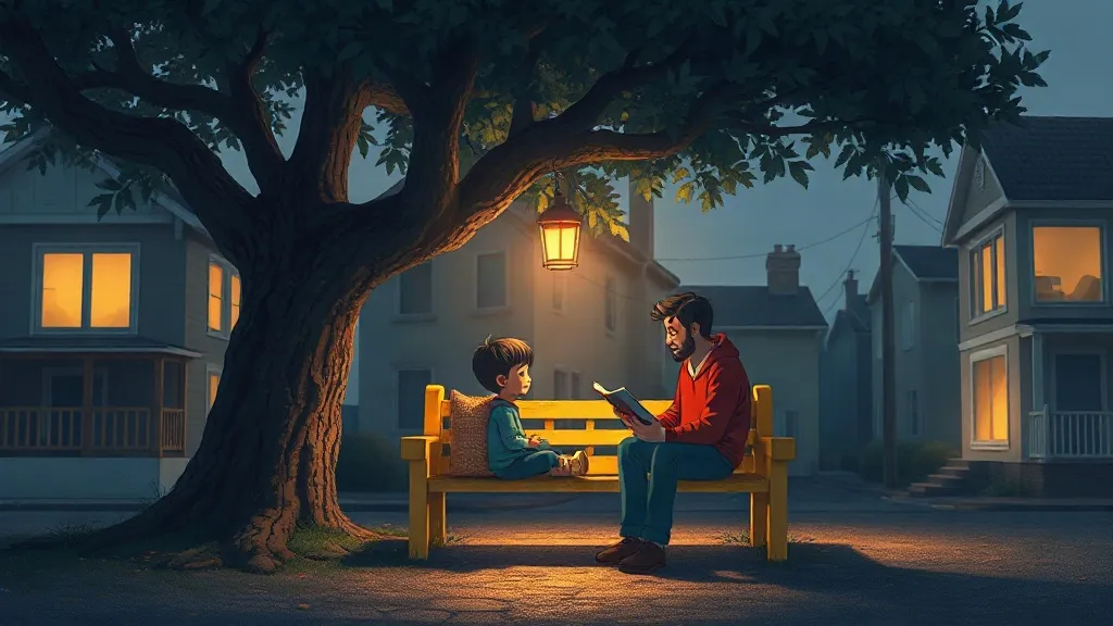 A boy and his dad reading on a yellow bench under a big tree, lit by a lamp hanging from a branch