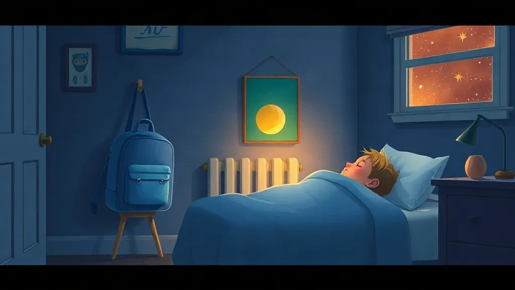 A boy asleep in bed with a blue school bag hanging on the wall and a sun painting above the radiator