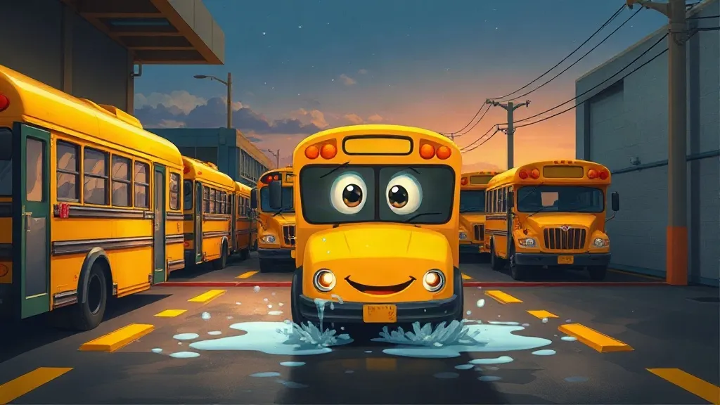 A smiling yellow school bus in a puddle of soapy water at the depot, other yellow buses parked behind
